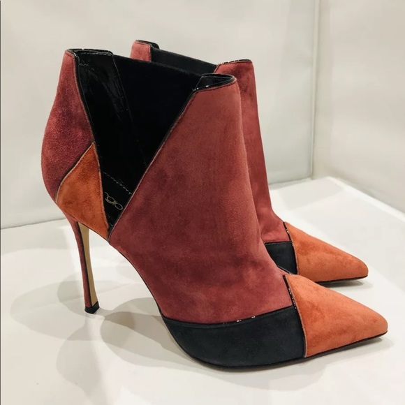 Sergio Rossi Suede Red Black Ankle Boots Heels 5.5 - Picture 2 of 10